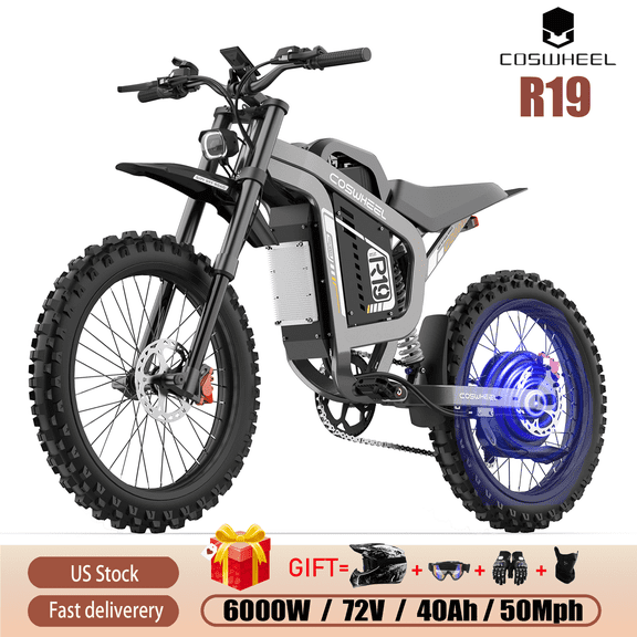 COSWHEEL R19 6000W Motor Off-Road Electric Bike for Adults,50MPH Max Speed & Up to 125Miles,Electric Motorcycle with 72V/40AH Removable Battery, 19" High Strength tire