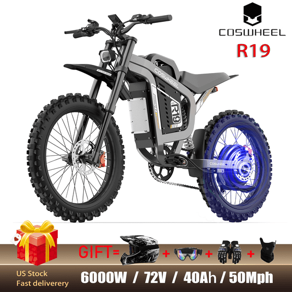 COSWHEEL R19 Electric Bike for Adults,6000W(Peak)50MPH Moped-Style E-Bike,Shimano 7-Speed,72V 40AH 125 Miles Max Range Dual Suspension, Hydraulic Disc Brakes, Aluminum Alloy Frame