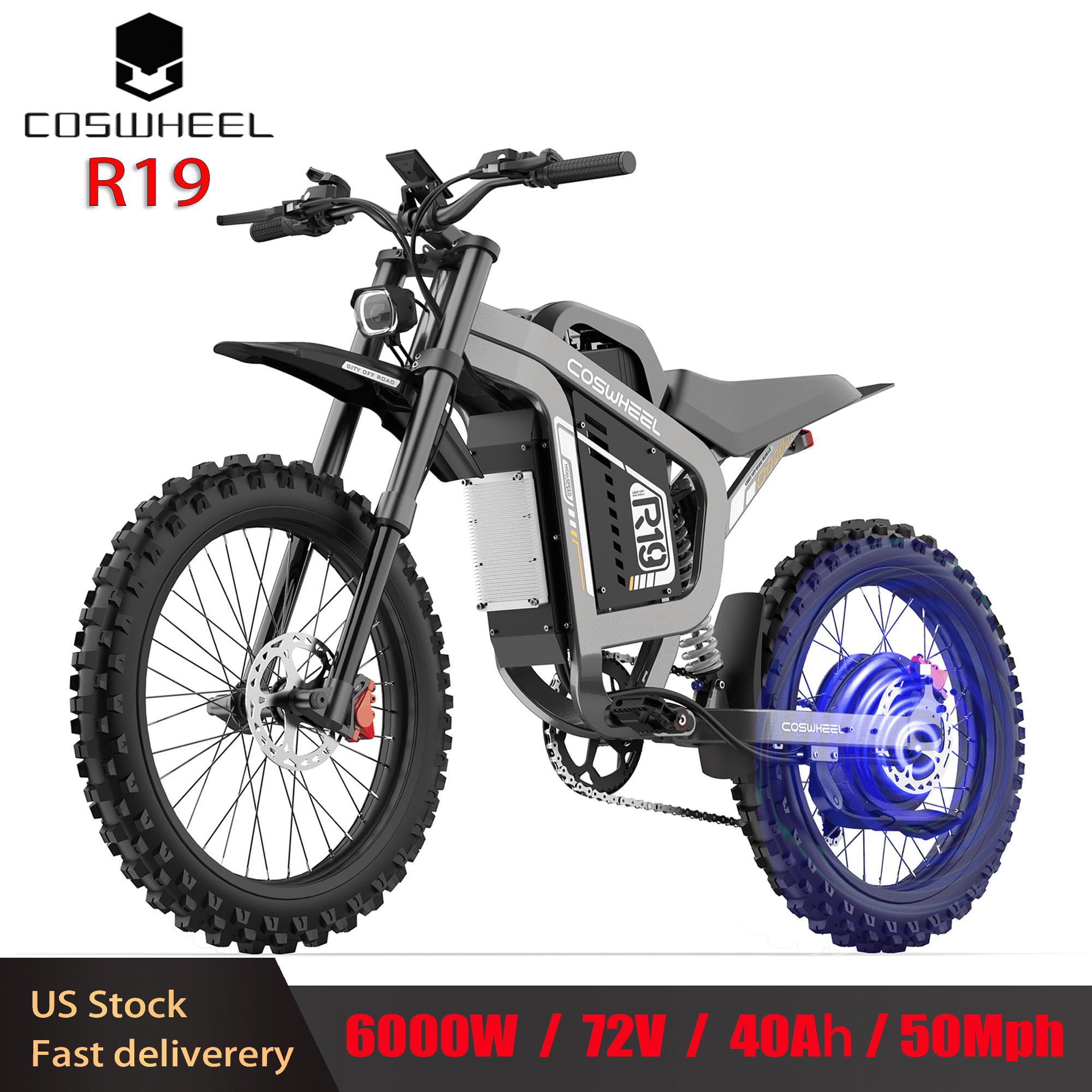 COSWHEEL R19 Off-Road Electric Bike for Adult,72V 40AH Electric Bicycle,6000W(Peak)50MPH Top Speed,19Tires 125 Miles Max Range Electric Motorcycle Snow, Mountains, Off-Road Ebike for Teens
