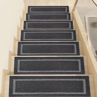 COSY HOMEER 15pcs 28"X9" Non-Slip Stair Treads,Indoor Carpet Stair Runners Set for Wooden Steps,100% Polyester TPE Backing Stair Rugs Safety Mats for Dogs, Kids & Elders,Square Pattern,Black