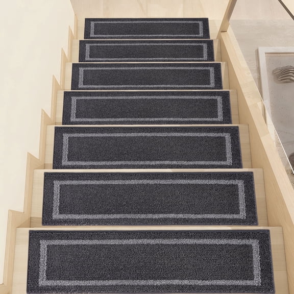 FloorHug 4pcs 28"X9" Non-Slip Stair Treads,Indoor Carpet Stair Runners Set for Wooden Steps,100% Polyester TPE Backing Stair Rugs Safety Mats for Dogs, Kids & Elders,Square Pattern,Black