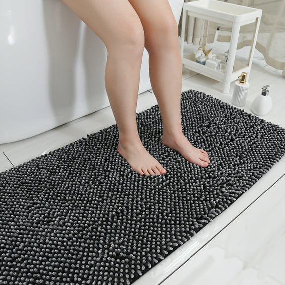 COSY HOMEER Bathroom Rugs 24"x48", Chenille Bath Rugs Washable for Bathroom Floor, Soft and Absorbent Bath Mat Non-Slip, 1.2" Thick Plush Fluffy Bathroom Mat for Tub and Shower, Black
