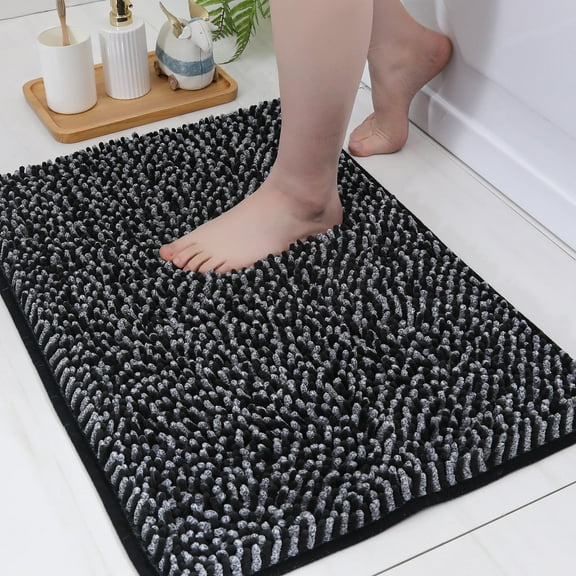 FloorHug Bathroom Rugs 20"x30", Chenille Bath Rugs Washable for Bathroom Floor, Soft and Absorbent Bath Mat Non-Slip, 1.2" Thick Plush Fluffy Bathroom Mat for Tub and Shower, Black