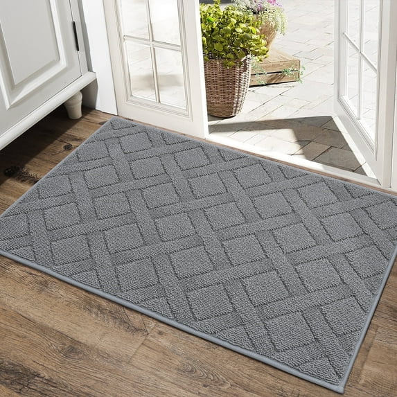 Floor Hug Doormat Indoor 24"x36", Front Door Mat Non-Slip for Entrance, Absorbent Resist Dirt Door Rug for Inside, Low-Profile Welcome Mat, Entryway Rug Floor Mats Machine Washable, Grey