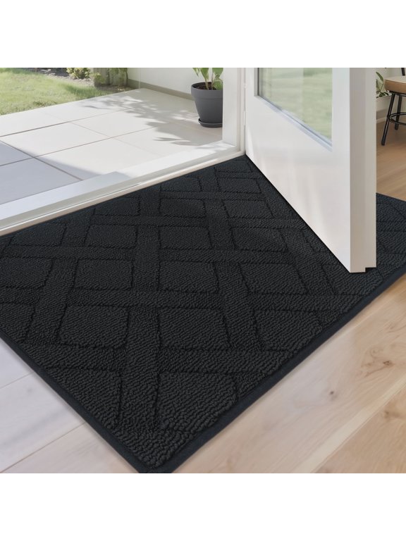 Floor Hug Indoor Dog Doormat, 20" x 32" Non-Slip Front Door Mat, Absorbent Low-Profile Machine Washable Entry Rug, Black
