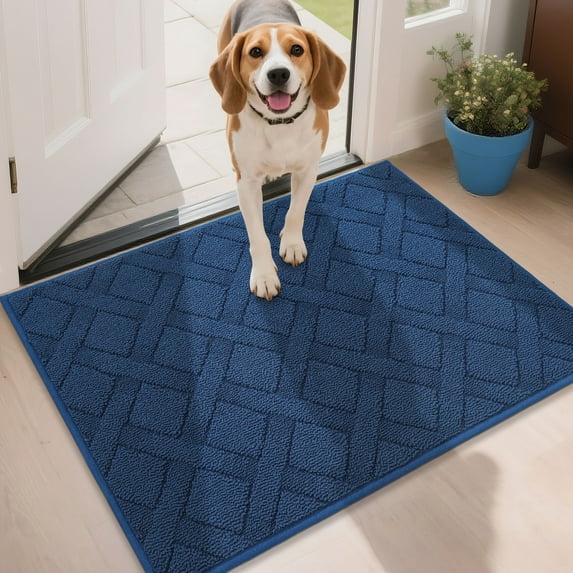 Floor Hug Indoor Dog Doormat, 24"x36", Non-Slip Front Door Mat for Entrance, Absorbent Resist Dirt Door Rug for Inside, Low-Profile Welcome Mat, Entryway Rug Machine Washable, Blue