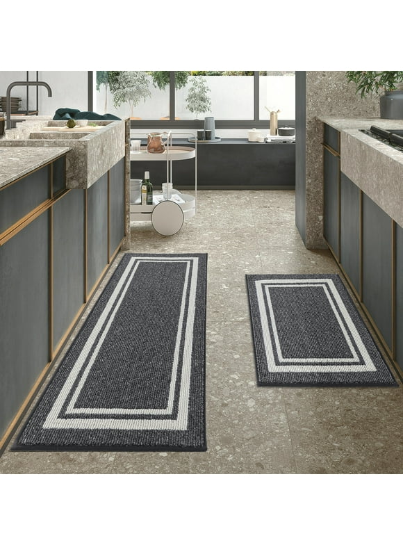 COSY HOMEER Kitchen Rugs 2 Pieces, 20"x48"+20"x30", Absorbent and Stain-Resistant Kitchen Mats Non-Slip, Machine Washable Kitchen Floor Mat, Rugs for Kitchen, Floor and Home, Grey