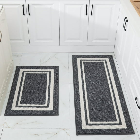 FloorHug Kitchen Rugs and Mats 2 Pieces, 20"x48"+20"x30", Stain-Resistant and Absorbent Kitchen Mats Non-Slip, Machine Washable Kitchen Floor Mat, Rugs for Kitchen, Floor and Home, Grey