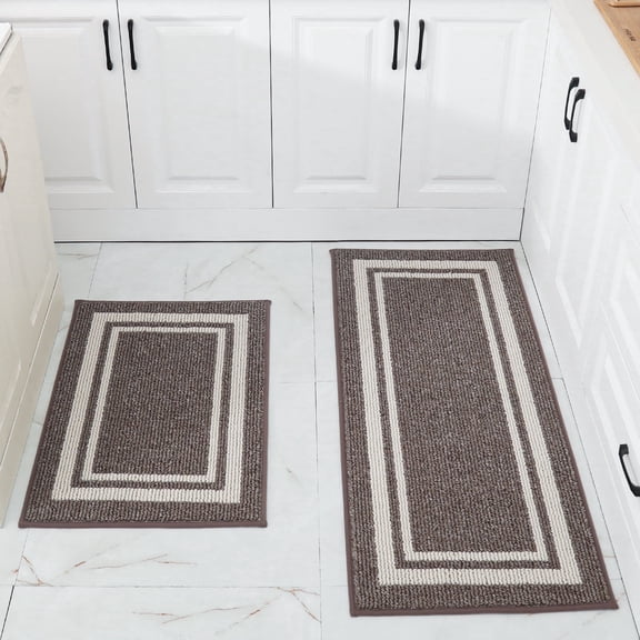 FloorHug Kitchen Rugs and Mats 2 Pieces, 20"x48"+20"x30", Stain-Resistant and Absorbent Kitchen Mats Non-Slip, Machine Washable Kitchen Floor Mat, Rugs for Kitchen, Floor and Home, Brown