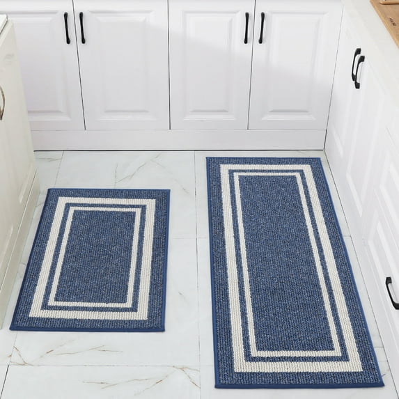 FloorHug Kitchen Rugs and Mats 2 Pieces, 20"x48"+20"x30", Stain-Resistant and Absorbent Kitchen Mats Non-Slip, Machine Washable Kitchen Floor Mat, Rugs for Kitchen, Floor and Home, Blue