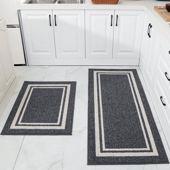 FloorHug Kitchen Rugs and Mats 2 Pieces, 24"x35"+24"x60", Stain-Resistant and Absorbent Kitchen Mats Non-Slip, Machine Washable Kitchen Floor Mat, Rugs for Kitchen, Floor and Home, Grey