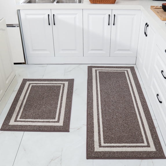 FloorHug Kitchen Rugs and Mats 2 Pieces, 24"x35"+24"x60", Stain-Resistant and Absorbent Kitchen Mats Non-Slip, Machine Washable Kitchen Floor Mat, Rugs for Kitchen, Floor and Home, Brown