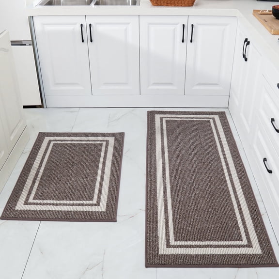 FloorHug Kitchen Rugs and Mats 2 Pieces, 24"x35"+24"x60", Stain-Resistant and Absorbent Kitchen Mats Non-Slip, Machine Washable Kitchen Floor Mat, Rugs for Kitchen, Floor and Home, Brown