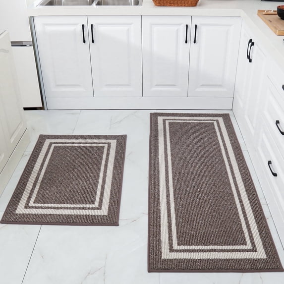 FloorHug Kitchen Rugs and Mats 2 Pieces, 24"x35"+24"x60", Stain-Resistant and Absorbent Kitchen Mats Non-Slip, Machine Washable Kitchen Floor Mat, Rugs for Kitchen, Floor and Home, Brown