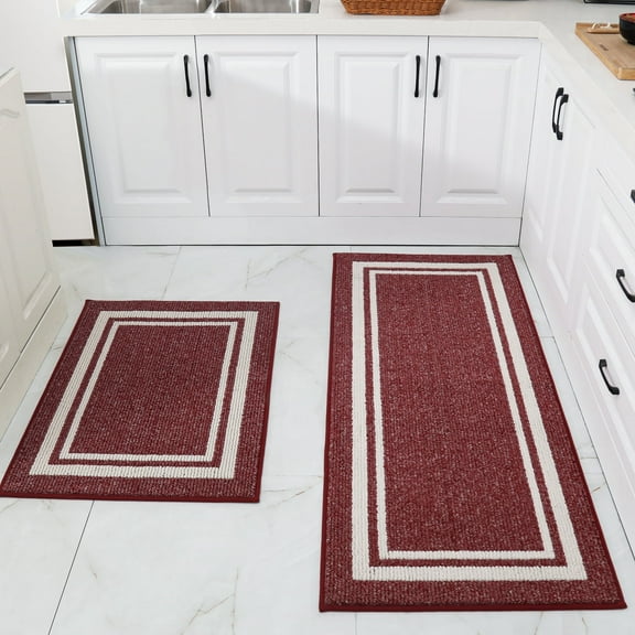 FloorHug Kitchen Rugs and Mats 2 Pieces, 24"x35"+24"x60", Stain-Resistant and Absorbent Kitchen Mats Non-Slip, Machine Washable Kitchen Floor Mat, Rugs for Kitchen, Floor and Home, Red
