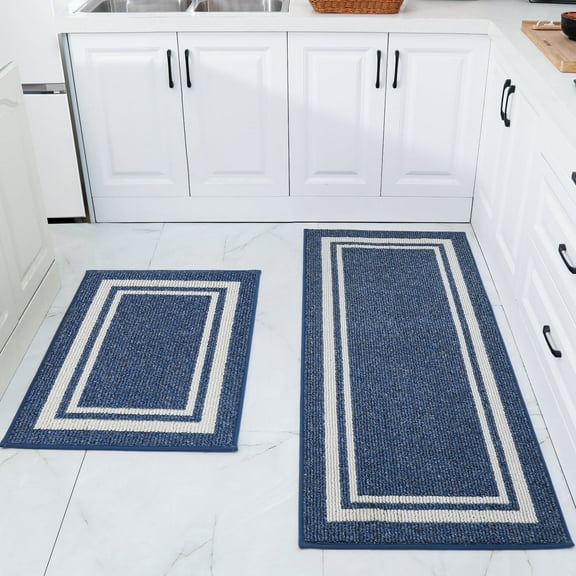 FloorHug Kitchen Rugs and Mats 2 Pieces, 24"x35"+24"x60", Stain-Resistant and Absorbent Kitchen Mats Non-Slip, Machine Washable Kitchen Floor Mat, Rugs for Kitchen, Floor and Home, Blue