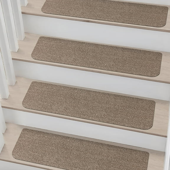 Floor Hug Stair Treads 28"x9"(15 PCS), Carpet Stair Treads for Wooden Steps Indoor, Stair Runners for Kids Elders and Dogs, Non-Slip TPE Backing, Stair Rugs Machine Washable, Beige