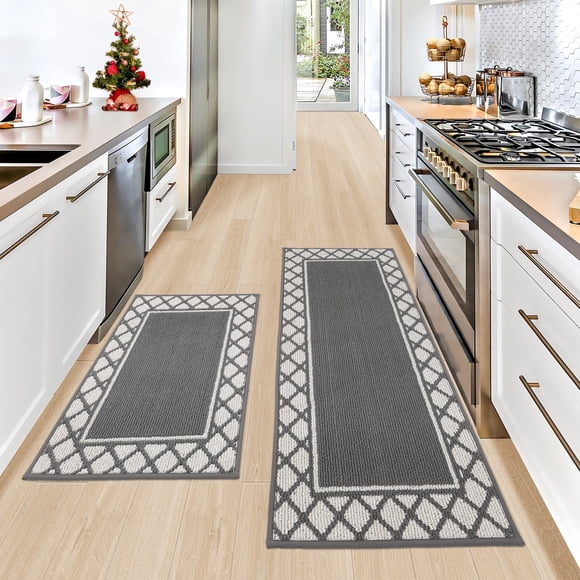 FloorHug Thick Kitchen Rug and Mat 2-Pieces,20"x30"+20"x48" Non Skid Machine Washable Kitchen Floor Mat,Non Slips Hallway Runner Rug,Grey