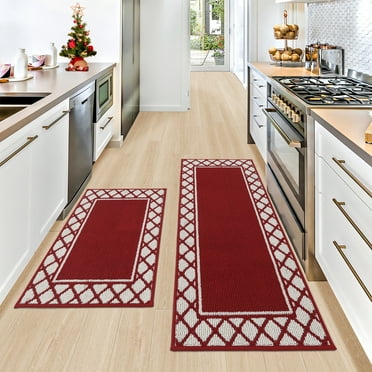 COSY HOMEER Thick Kitchen Rug and Mat 2-Pieces,20"x30"+20"x48" Non Skid Machine Washable Kitchen Floor Mat，Non Slips Hallway Runner Rug,Red