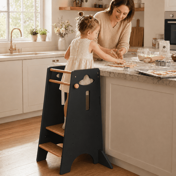 COSYLAND Adjustable Toddler Tower, Wooden Kitchen Step Stool Helper, Standing Tower with 3 Heights, Natural & Black