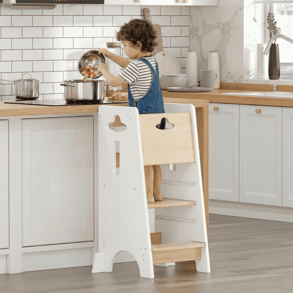 COSYLAND Adjustable Toddler Tower, Wooden Kitchen Step Stool Helper, Standing Tower with 3 Heights, Natural & White