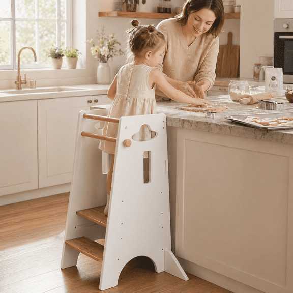 COSYLAND Adjustable Toddler Tower, Wooden Kitchen Step Stool Helper, Standing Tower with 3 Heights, Natural & White