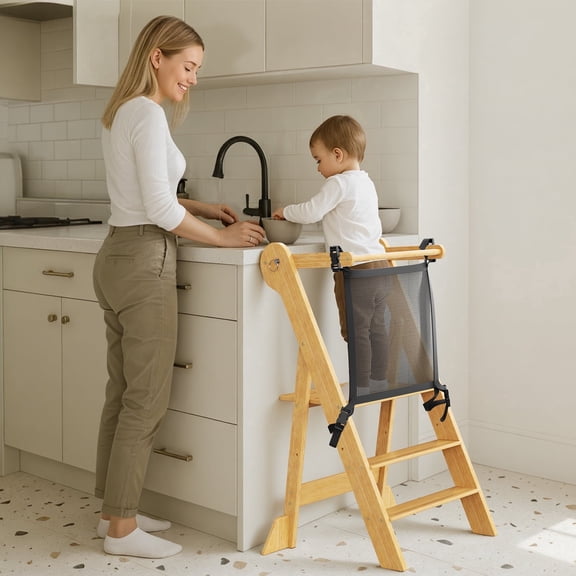 Cosyland Foldable Adjustable Toddler Kitchen Step Stool, Natural Wood Kids Standing Tower with Safety Rail, Natural