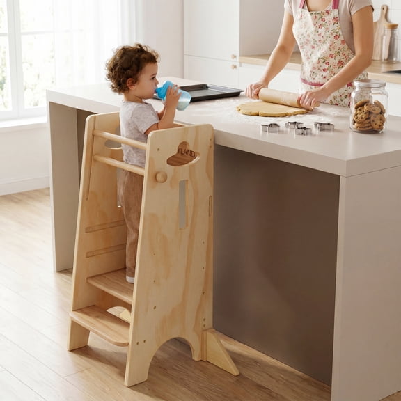 Cosyland Wooden Toddler Standing Stool, 3 Levels Height Adjustable Kitchen Step Stool for Kids, Stable Kids Stool with 4 Support Blocks
