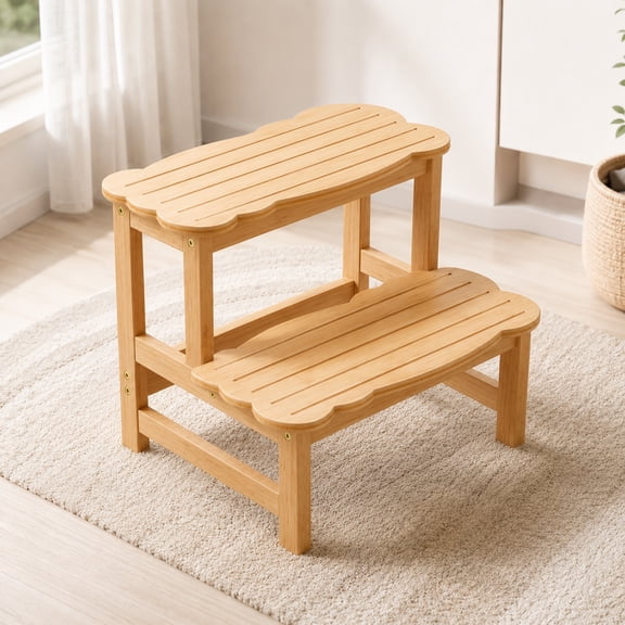 Cosyland Bamboo Two Step Stool for Toddlers, 300 lbs Capacity Non-Slip Natural Stool for Kids, Dual Height Standing Platform for Kitchen, Bathroom