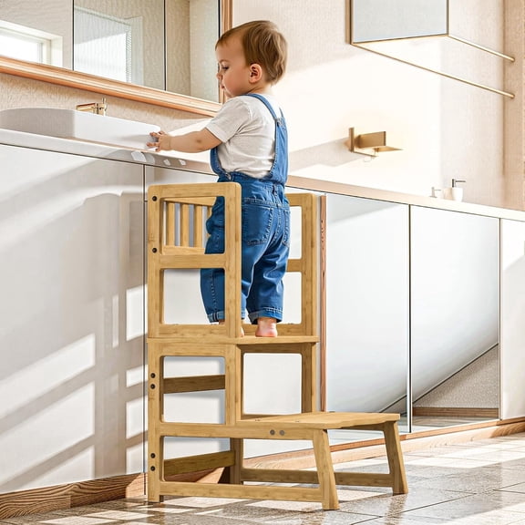 Cosyland Step Stool with Removable Side Guards for Kids, 300 lbs Capacity Toddler Standing Tower for Bathroom and Kitchen, Natural