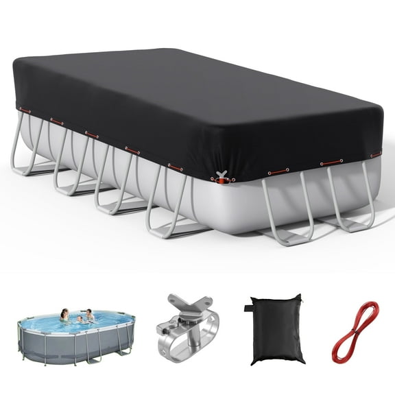 COSYUMI 10*16FT Rectangular Pool Cover, Solar Pool Covers with Winch & Cable for Rectangular Above Ground Pool, 420D Oxford UV Resistant, Waterproof, Snowproof Windproof for All Season