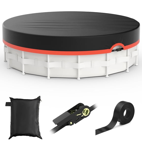 COSYUMI 10Ft Round Pool Cover, 420D Oxford Solar Pool Cover for Above Ground Pools with Strap & Drawcord Tightener, All Season Inflatable Pool Cover for UV Resistant, Waterproof, Snowproof Windproof