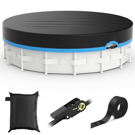 COSYUMI 12 Ft Round Pool Cover, 420D Oxford Solar Pool Cover for Above Ground Pools with Winch & Cable, All Season Inflatable Pool Cover for UV Resistant, Waterproof, Snowproof Windproof, Black+Blue