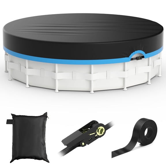 COSYUMI 12 Ft Round Pool Cover, 420D Oxford Solar Pool Cover for Above Ground Pools with Winch & Cable, All Season Inflatable Pool Cover for UV Resistant, Waterproof, Snowproof Windproof, Black+Blue
