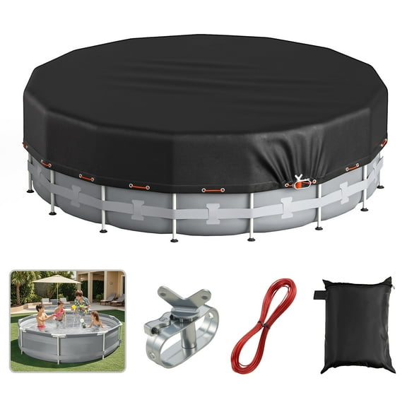 COSYUMI 24Ft Round Pool Cover, 420D Heavy Duty Oxford Solar Pool Covers for Above Ground Pool with Winch and Cable, All Season Inflatable Pool Cover for UV Resistant, Waterproof, Snowproof Windproof
