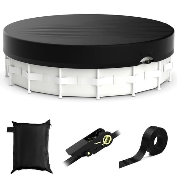 COSYUMI 24Ft Round Pool Cover, 420D Oxford Solar Pool Cover for Above Ground Pools with Strap & Drawcord Tightener, All Season Inflatable Pool Cover for UV Resistant, Waterproof, Snowproof Windproof