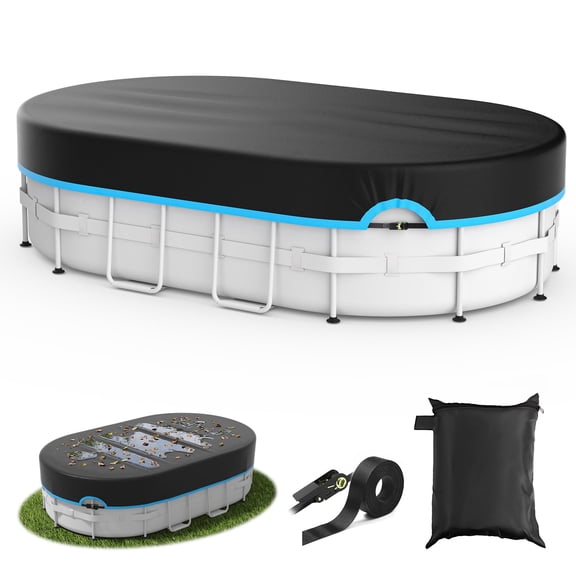 COSYUMI Oval Pool Cover,12x20FT 420D Oxford Solar Pool Covers for Above Ground Pool with Winch & Cable,All Season Inflatable Pool Cover for UV Resistant,Waterproof,Snowproof Windproof,Black+Blue
