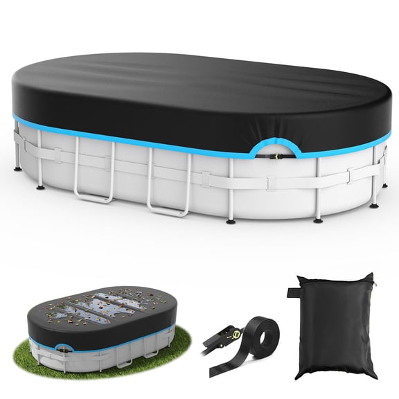 COSYUMI Oval Pool Cover,9x18FT 420D Oxford Solar Pool Covers for Above Ground Pool with Winch & Cable,All Season Inflatable Pool Cover for UV Resistant,Waterproof, Snowproof Windproof,Black+Blue