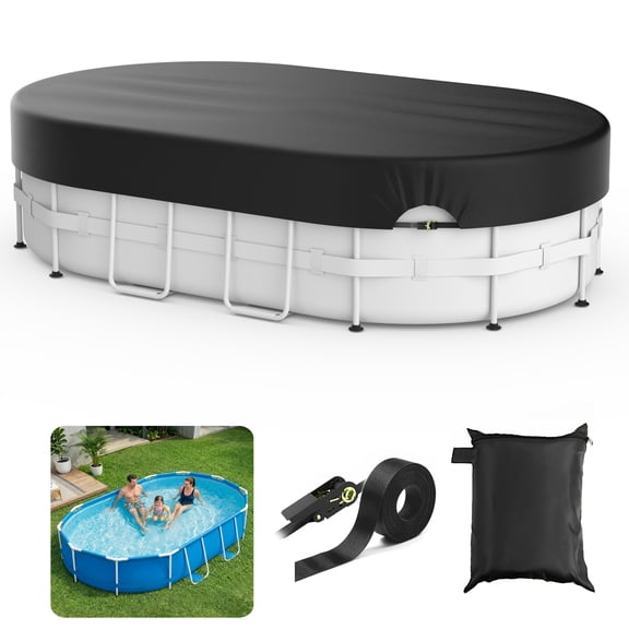 COSYUMI Oval Pool Cover for Above Ground Pools, 12 x 18FT Swimming Pool Cover with Reflective Strip, Winch and Cable, 420D Oxford Solar Covers, One-Piece Tear Resistant, UV Resistant Dustproof, Black