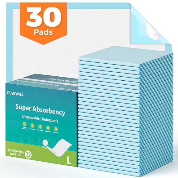 COSYWILL Bed Pads,23'' x 36'' Incontinence Bed Pads for Adults, Disposable Underpads with Adhesive Strip,30 Count