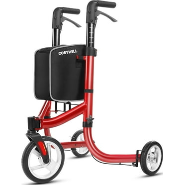 COSYWILL 3 Wheel Rollator Walkers for Seniors,Ultra Lightweight Foldable Walker for Elderly with Storage Bag, 10" Three Wheel Modern Mobility Walking Aid Aluminum,Red
