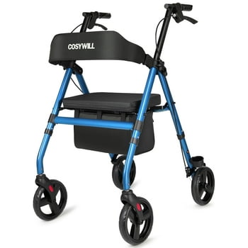COSYWILL Rollator Walker with Seat,Foldable Mobility Walker with Durable Steel,Rolling Walker with 8" Wheels for All Terrain,Adjustable Height,300 lbs,Blue