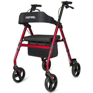 COSYWILL Rollator Walker with Seat,Foldable Mobility Walker with Durable Steel,Rolling Walker with 8" Wheels for All Terrain,Adjustable Height,300 lbs,Red