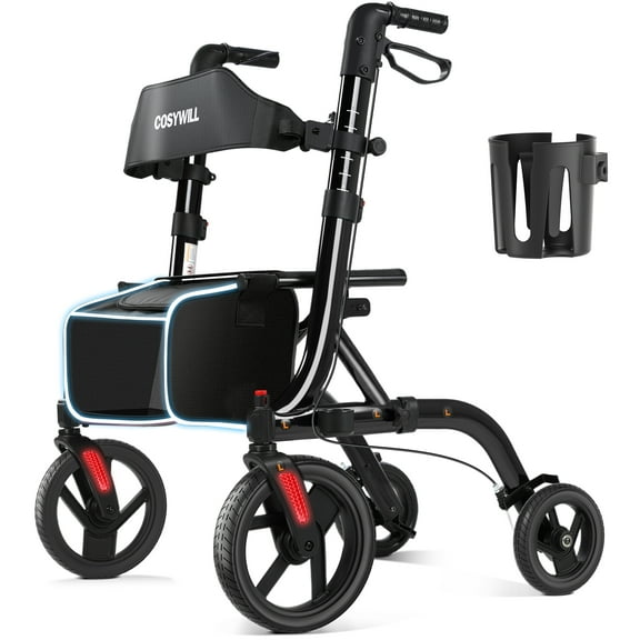 COSYWILL Walker with Seat,Foldable Rollator Walker,10" Wheels,Height Adjustable,Removable Back Support, 300 lbs,Black