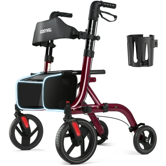 COSYWILL Walker with Seat,Foldable Rollator Walker,10" Wheels,Height Adjustable,Removable Back Support, 300 lbs,Dark Red