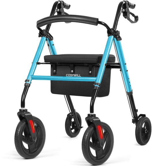 COSYWILL Rollator Walker with Seat,Foldable Walkers for Seniors,Mobility Walkers with 10'' Big Wheels,Adjustable Handles and Seat Height,Blue