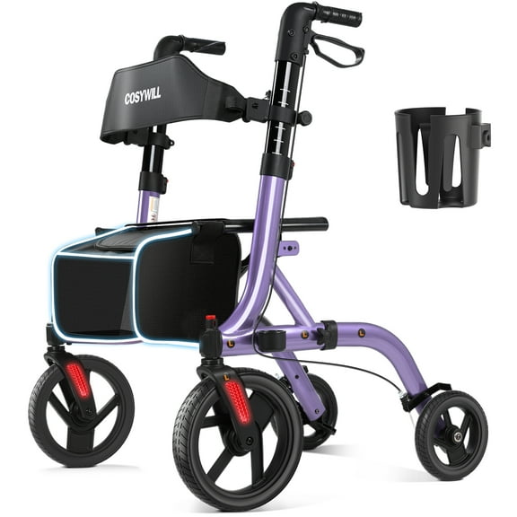 COSYWILL Walker with Seat,Foldable Rollator Walker,10" Wheels,Height Adjustable,Removable Back Support, 300 lbs,Purple