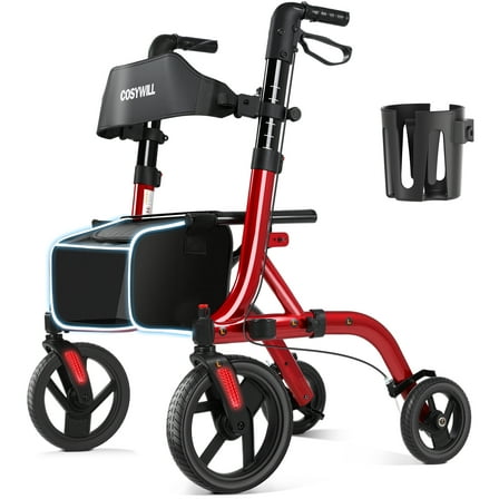 COSYWILL Walker with Seat,Foldable Rollator Walker,10" Wheels,Height Adjustable,Removable Back Support, 300 lbs,Red