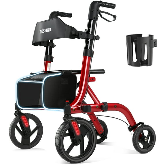 COSYWILL Walker with Seat,Foldable Rollator Walker,10" Wheels,Height Adjustable,Removable Back Support, 300 lbs,Red