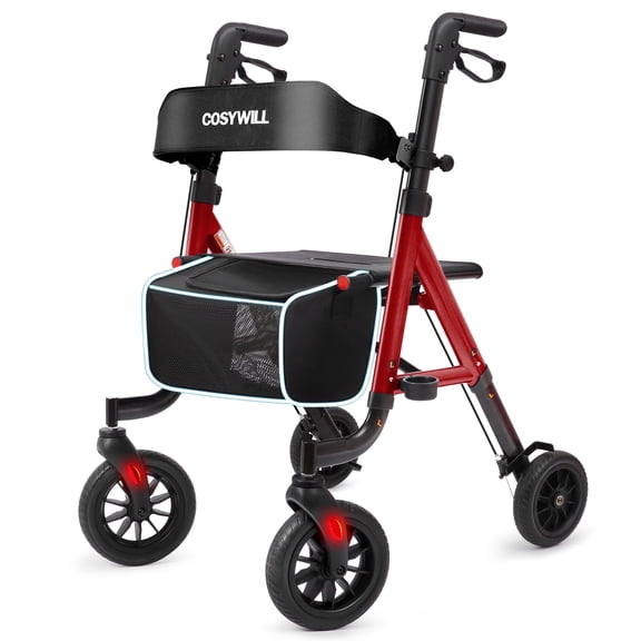 COSYWILL Aluminum Rollator Walker with Seat,Height Adjustable Mobility Walker with 8" Wheels,350 lb Weight Capacity,Red